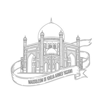 Mausoleum Khoja Ahmed Yasawi Sketch Illustration with Ribbon Banner