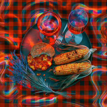 Overhead Picnic Flat Lay with Burger, Corn and Ros&eacute;