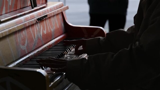 Seoul Hands Playing Dark Painted Upright Piano Close Up 