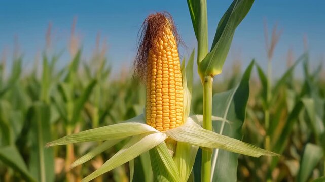 A detailed close-up of a vibrant, ripe golden corn cob growing on a stalk in an agricultural field under a clear blue summer sky.