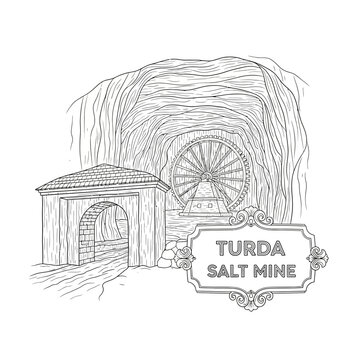 Turda Salt Mine Entrance with Water Wheel Illustration