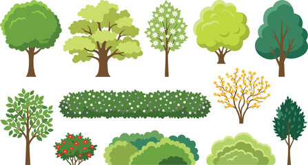 Flat Vector Green Trees and Flowering Bushes Set with Garden Shrubs Oak and Hedge Elements for Landscape and Game Design © MdSaddam