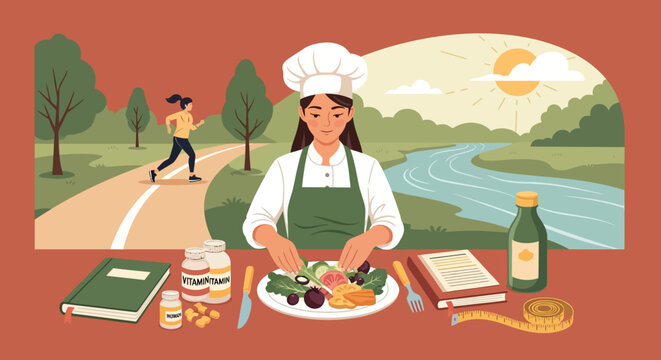 Woman chef preparing healthy food outdoors by river with runner in background.
