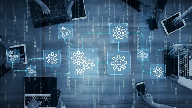 Collaborative Technology and Innovation Concept Featuring Digital Gears, Smartphones, Laptops, and Data Flow in a Modern Workspace Environment. Entropy.