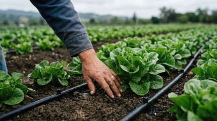Fototapeta premium A farmer's hand touching a young green lettuce plant in a field with irrigation lines running through the dark soil on a cloudy spring day