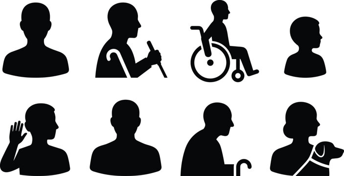 Accessibility and Disability Silhouette Icon Set Featuring Wheelchair Blind Person Guide Dog and Deafness Symbols