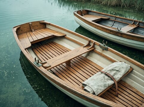 Two Traditional Wooden Rowboats Floating on Calm Green Lake Water