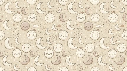 Fototapeta premium Cute Moon Pattern - Kawaii Celestial Background with Smiling Moons and Stars