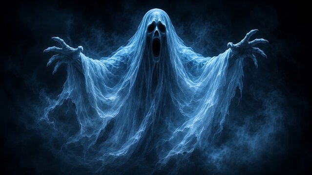 Eerie supernatural specter floating within dark misty ethereal atmosphere.