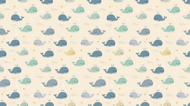 Cute whale pattern, seamless, cartoon, illustration, kids, pastel colors, repeating background