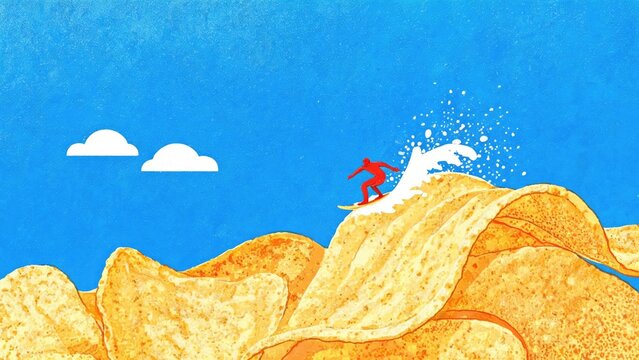Top Performer surfer rides a golden wave of potato chips under a bright blue sky