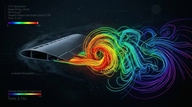 Aerodynamic simulation showing airflow vortex around an aircraft wing cross-section
