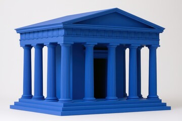 Obraz premium Blue temple model with classical columns on white background in sharp focus studio shot for financial and legal marketing
