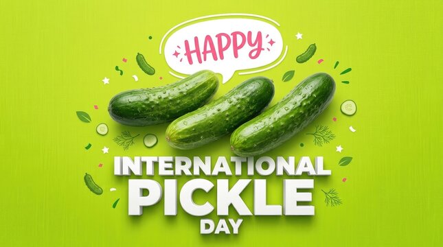 Happy international pickle day text with three fresh green cucumbers and a speech bubble on a bright green textured background, for food event