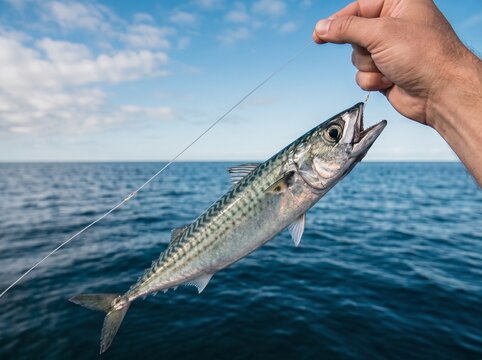 Close-up of Freshly Caught Atlantic Mackerel on a Fishing Line in the Ocean