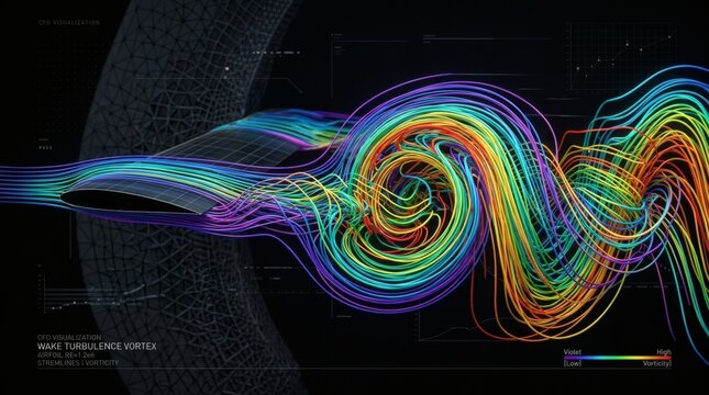 Computational fluid dynamics visualization of airflow vortex around an airfoil
