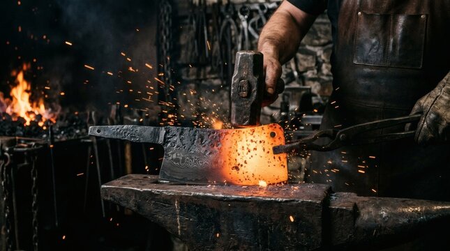 Blacksmith shaping glowing metal cleaver on anvil with hammer and tongs