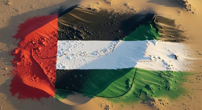 Uae flag pattern painted on desert sand landscape