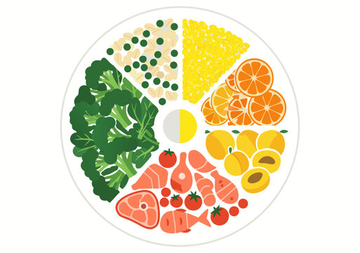 A colorful plate filled with various foods including vegetables on a 536.eps reference plate