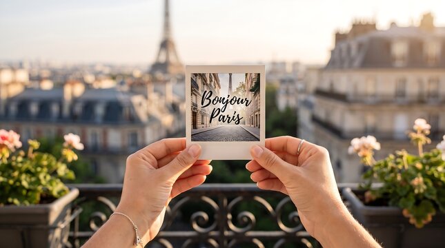Hands holding bonjour paris polaroid photo with eiffel tower view