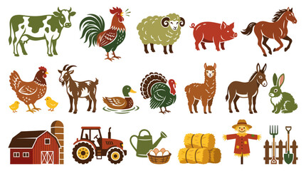 Obraz premium Cute Cartoon Farm Animals and Agriculture Elements Flat Vector Illustration Set