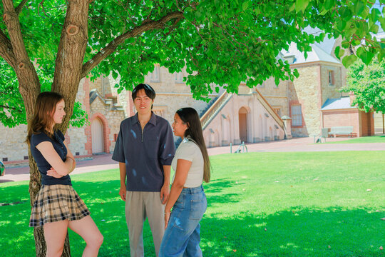 International College Students Enjoying Conversation Outdoors