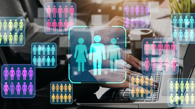 Concept of digital networking with diverse figures representing community engagement and connection in a modern workspace using technology. Entropy.
