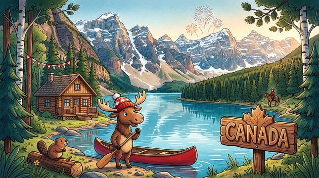 Cute cartoon moose paddling canoe on Canadian lake with cabin