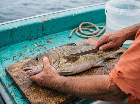 Fisherman cleaning freshly caught cod on a boat, sea fishing concept