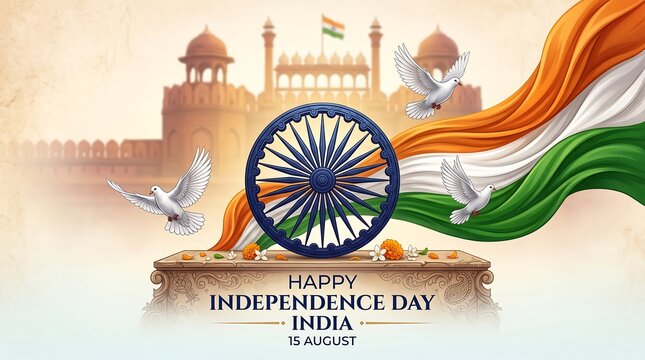 Happy independence day india banner with waving flag and chakra