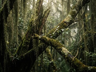 Fototapeta premium Lush Moss Covered Tree Trunks in a Mysterious Misty Rainforest Cloud Forest