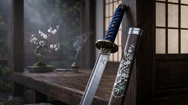 Traditional Japanese katana sword on wooden veranda with bonsai