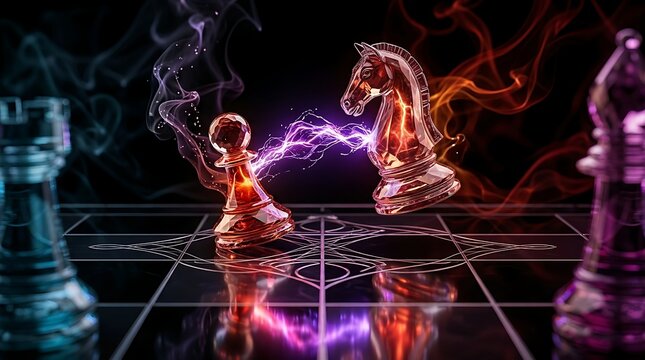 Futuristic crystal chess pieces conflict with electric lightning arc
