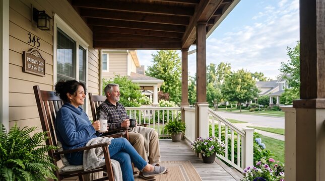 Diverse Parents Relaxing with Coffee on Porch, Parents' Day 2026