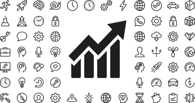 Business growth chart icon with diverse universal symbols for management, strategy, innovation, and digital analytics