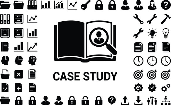 Case study icon collection with business, research, and analysis symbols for professional reports, strategy, and corporate project development