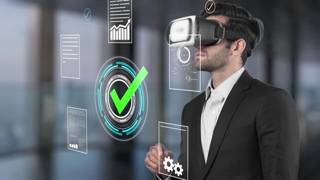 Professional Man Wearing VR Headset in Modern Office Environment Engaging with Digital Interface and Virtual Elements for Business Innovation. Entropy.