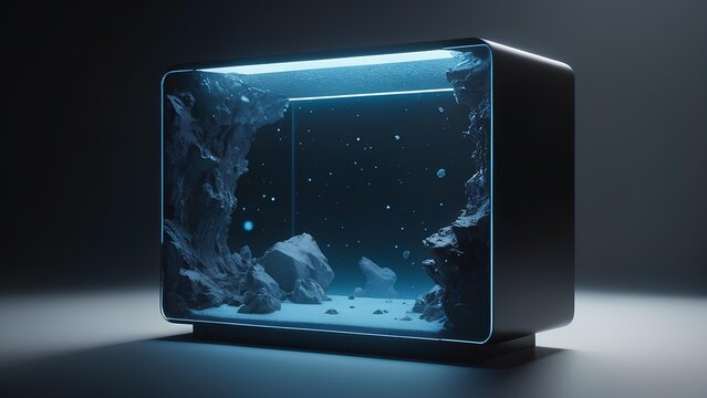 A futuristic, minimalist computer casing designed to resemble a floating monolith with an illuminated interior showcasing a rocky, star-filled environment