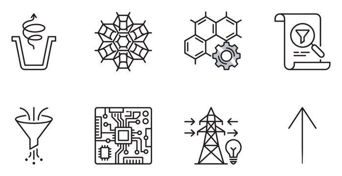 Abstract scientific and technological icons for data processing and analysis themes.