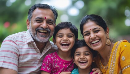 Fototapeta premium Happy Indian Family Portrait Outdoors Smiling Together.