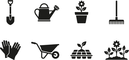 Gardening and horticulture icons set vector with shovel watering can flowerpot rake gloves wheelbarrow seedling tools © Rakib