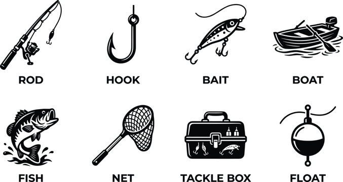Fishing hobby and angling icons set vector with rod hook bait boat fish net tackle box float