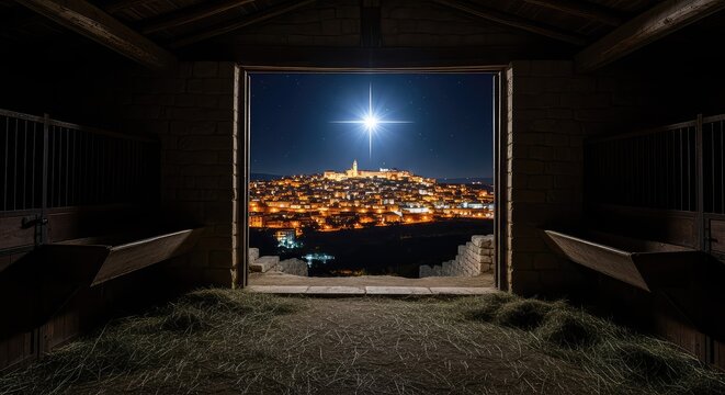 A brilliant star glows over an ancient city at night seen from within a dark rustic stable with hay and wooden beams under a clear sky, ancient, rays, hay
