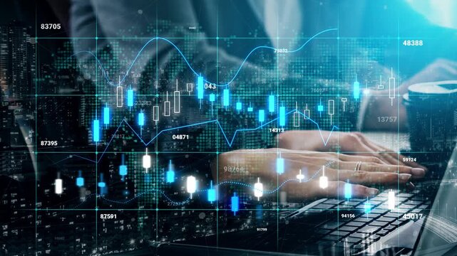 Professional hands typing on laptop with digital financial graphs and analytics overlay in modern office setting, representing business and technology synergy. Entropy.
