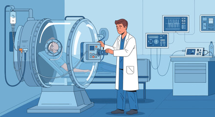 Obraz premium Doctor operating hyperbaric chamber with patient inside, advanced medical treatment concept