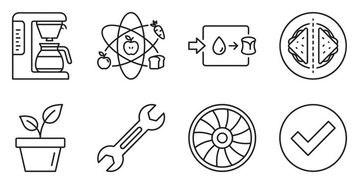 Coffee maker science nutrition food plant tool fan check mark icons set.