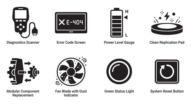 Diagnostics scanner, error code, power gauge, replication pad icon.