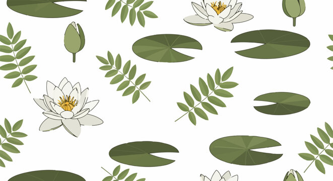Water lily leaves and flowers with fern fronds illustration.