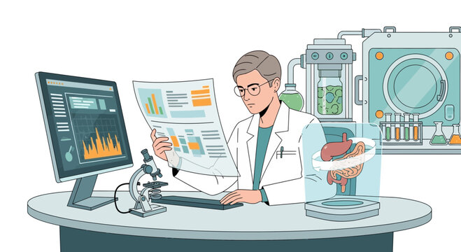Scientist working in laboratory with futuristic equipment and heart sample