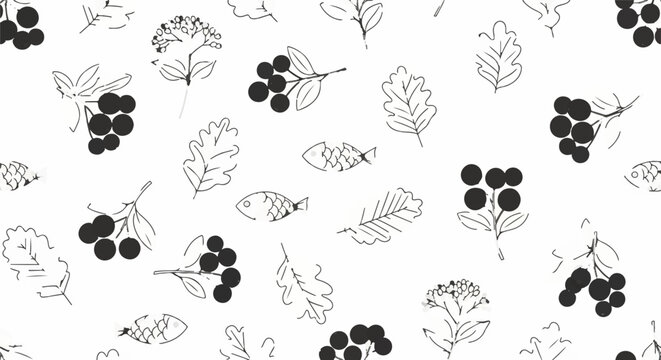 Hand drawn blackberry and leaf illustrations in black and white.